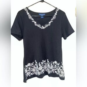 Karen Scott Black Top with White Floral Embroidery